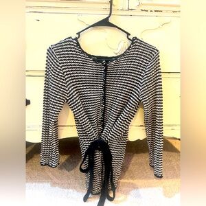 KOAN Black and White Long Sleeve Knit Top with Tie Waist 100% Cotton